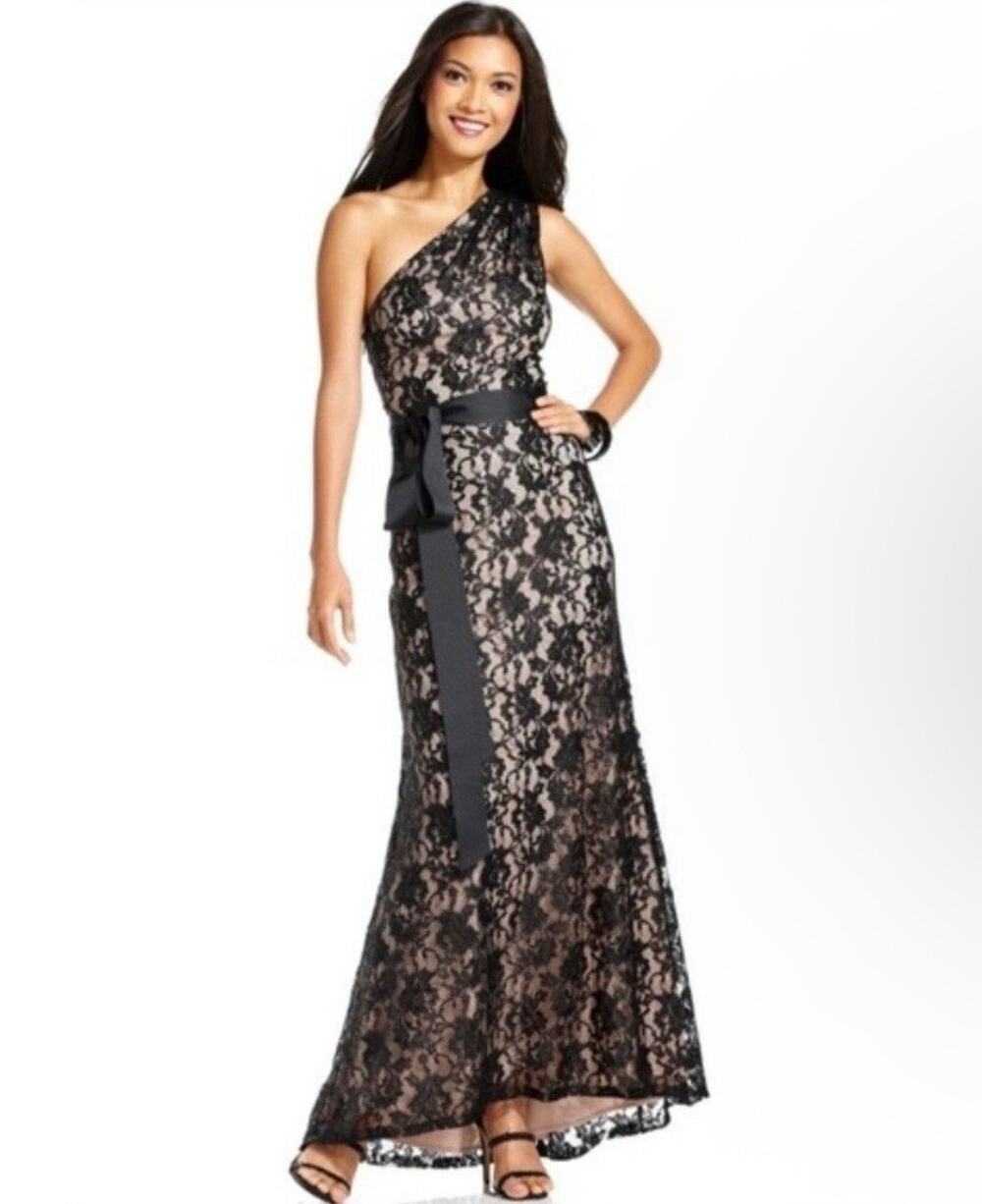 Betsy & Adam One Shoulder Floral Lace Maxi Dress Women's Black Size 2P